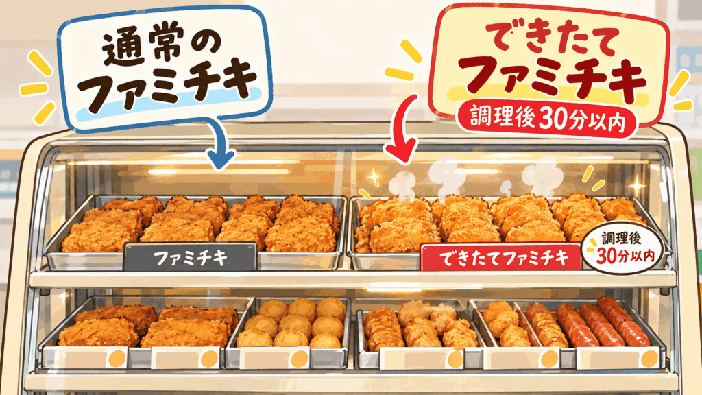 ホットスナック什器で通常のファミチキと調理後30分以内のできたてファミチキを分けて販売する様子のイラスト