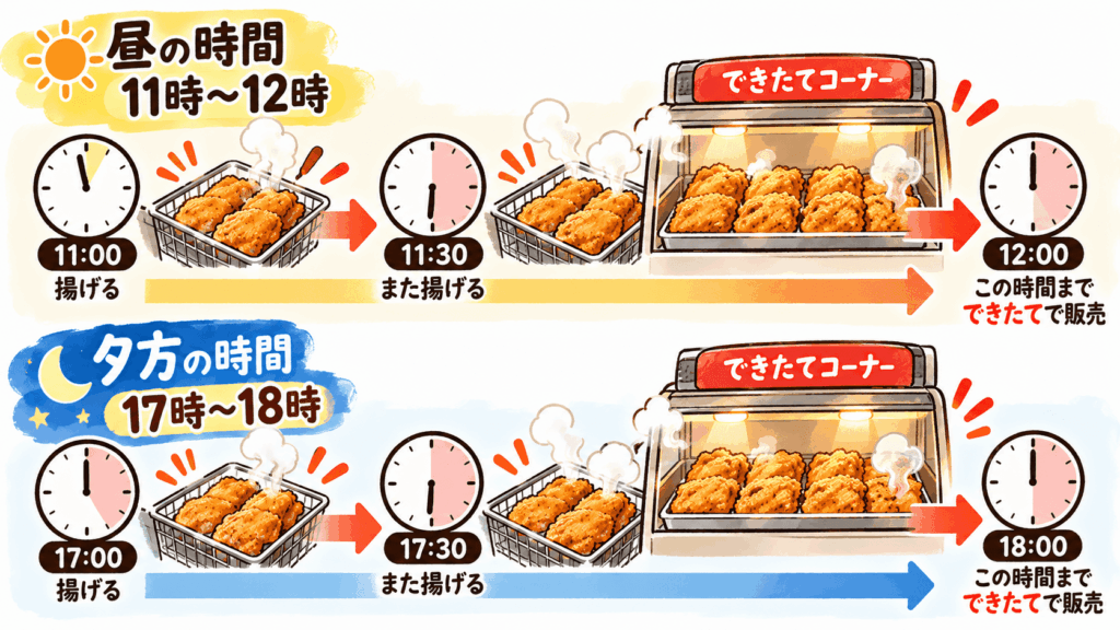 通常のファミチキとできたてファミチキの販売時間・価格・調理後30分以内という条件を比較したイラスト