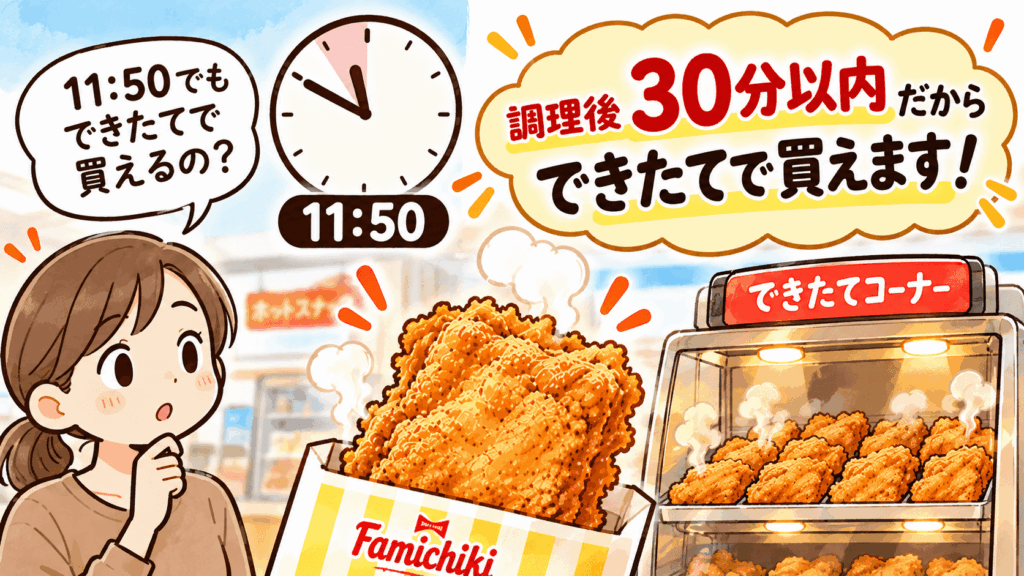 11時50分でも調理後30分以内のファミチキができたて販売の対象になることを説明するイラスト