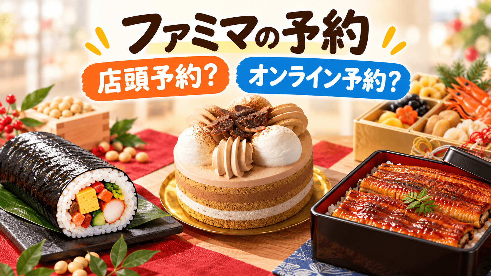 ファミマの店頭予約とオンライン予約の違いを、恵方巻・ケーキ・うなぎ・おせちとともに紹介するイラスト
