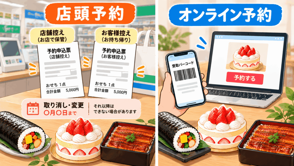 店頭予約で発行される店舗控えとお客様控えの2枚のレシートと、オンライン予約で提示する受取バーコードの違いを示したイラスト