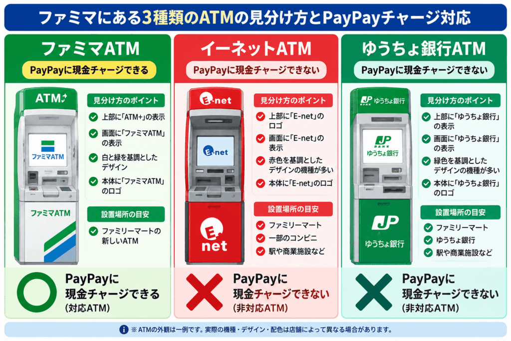 ファミリーマートに設置されている3種類のATMを比較したイラスト。新しいファミマATMは白と緑を基調とし、PayPayへの現金チャージに対応。イーネットATMとゆうちょ銀行ATMは非対応。各ATMの外観やロゴ、見分け方を紹介。