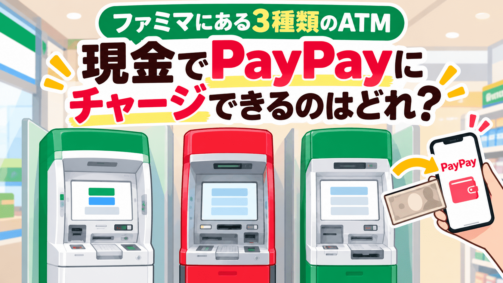 ファミマにある3種類のATMを比較したイラスト。新しいファミマATM、イーネットATM、ゆうちょ銀行ATMを並べ、現金でPayPayにチャージできるATMはどれかを紹介。
