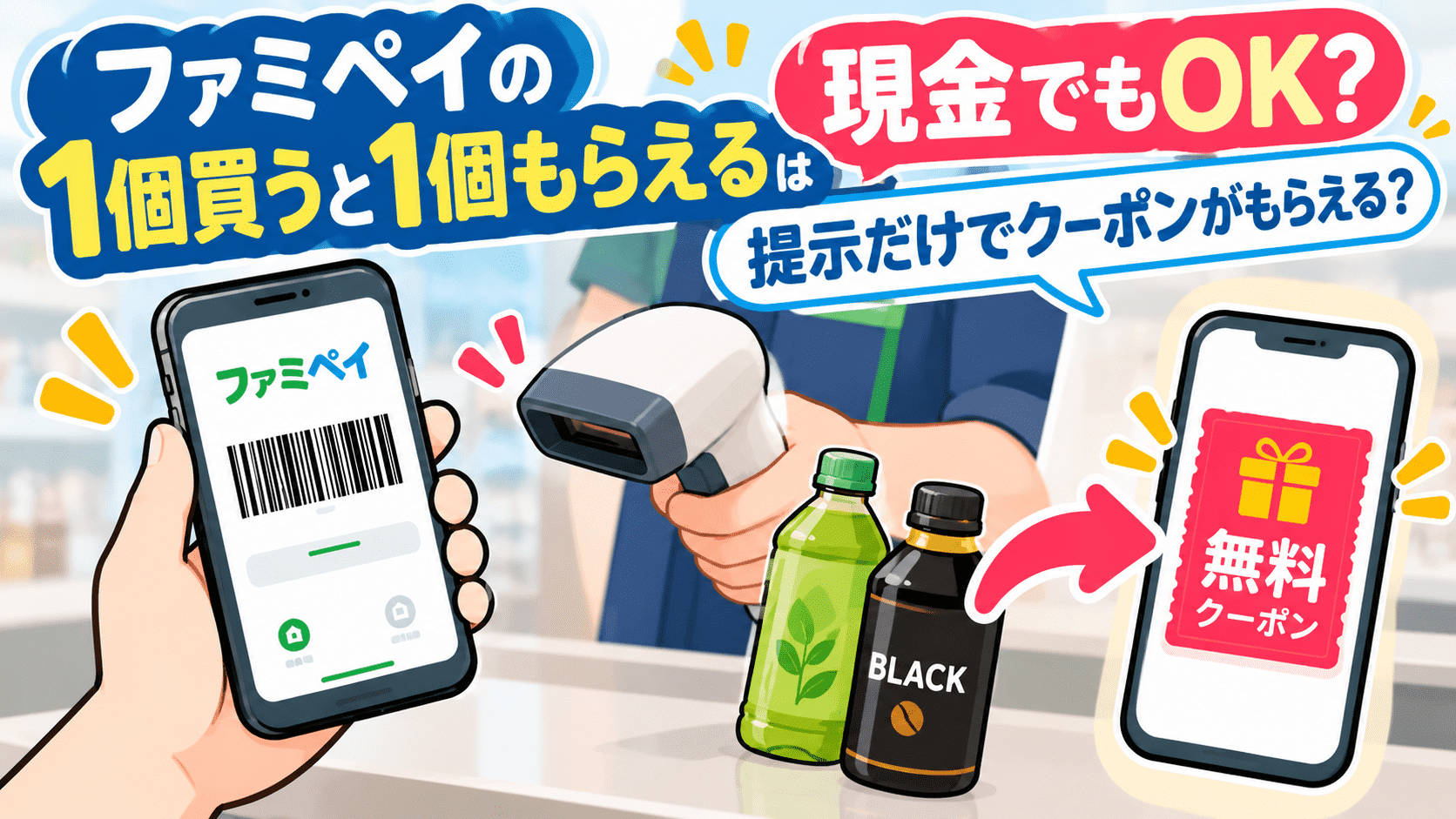 ファミペイの1個買うと1個もらえるは現金でもOK？バーコード提示で無料クーポンがもらえる仕組みを紹介するイラスト